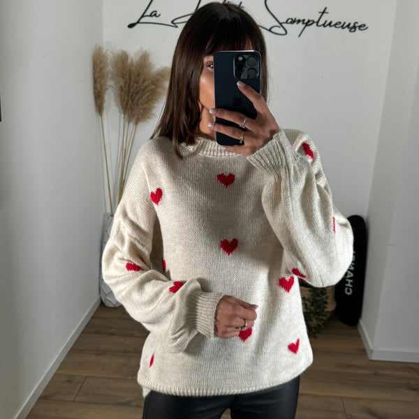 PULL BLANC COEUR ROUGES ELIO - La Petite Somptueuse