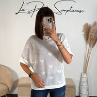 PULL COEUR NID D'ABEILLE BLANC MAYA - La Petite Somptueuse