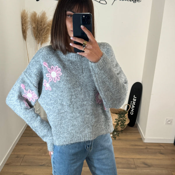 PULL GRIS FLOWER ROSE - La Petite Somptueuse