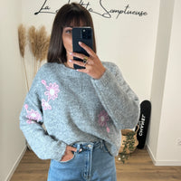 PULL GRIS FLOWER ROSE - La Petite Somptueuse