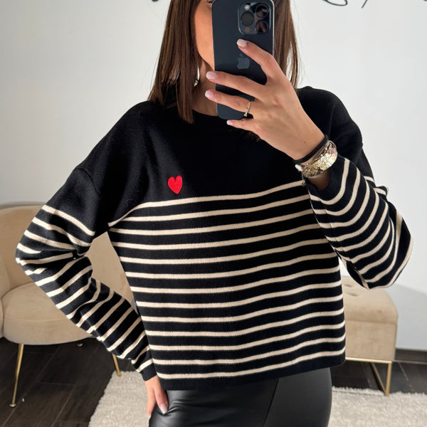 PULL MARINIERE NOIR LOVE - La Petite Somptueuse