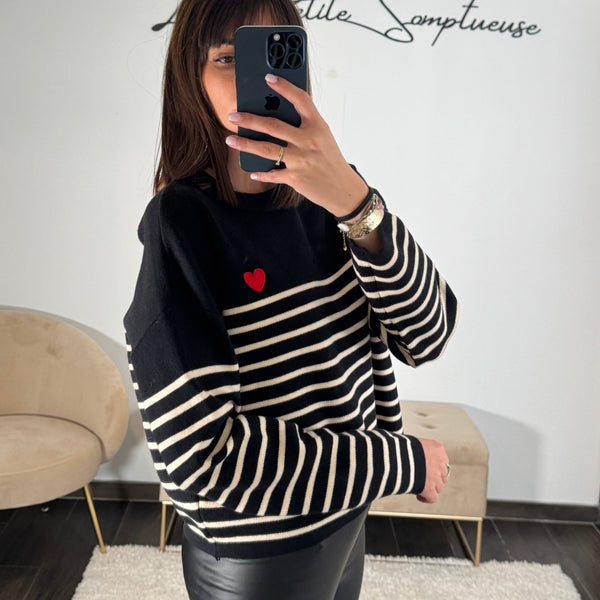 PULL MARINIERE NOIR LOVE - La Petite Somptueuse