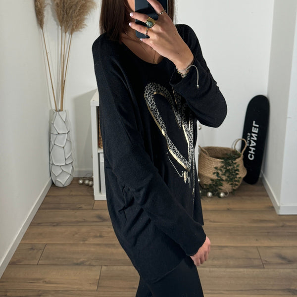 PULL NOIR COEUR LEOPARD - La Petite Somptueuse