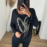 PULL NOIR COEUR LEOPARD - La Petite Somptueuse