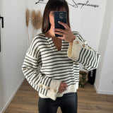 PULL RAYURES VERT ET BEIGE REMY - La Petite Somptueuse