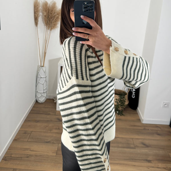 PULL RAYURES VERT ET BEIGE REMY - La Petite Somptueuse