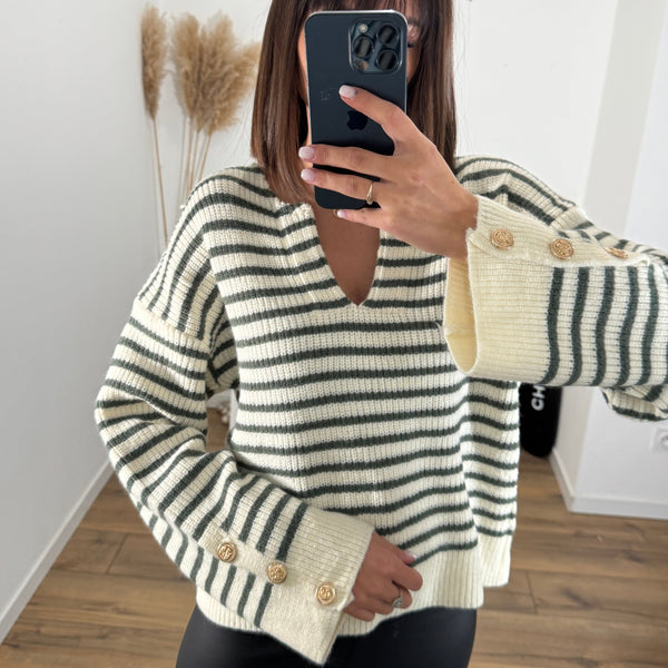 PULL RAYURES VERT ET BEIGE REMY - La Petite Somptueuse