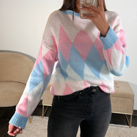 PULL ROSE ET BLEU JACQUARD - La Petite Somptueuse