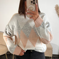PULL SAUMON ET GRIS JACQUARD - La Petite Somptueuse