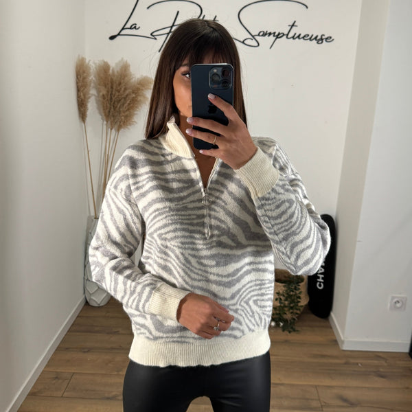 PULL ZIP GRIS ZEBRA - La Petite Somptueuse