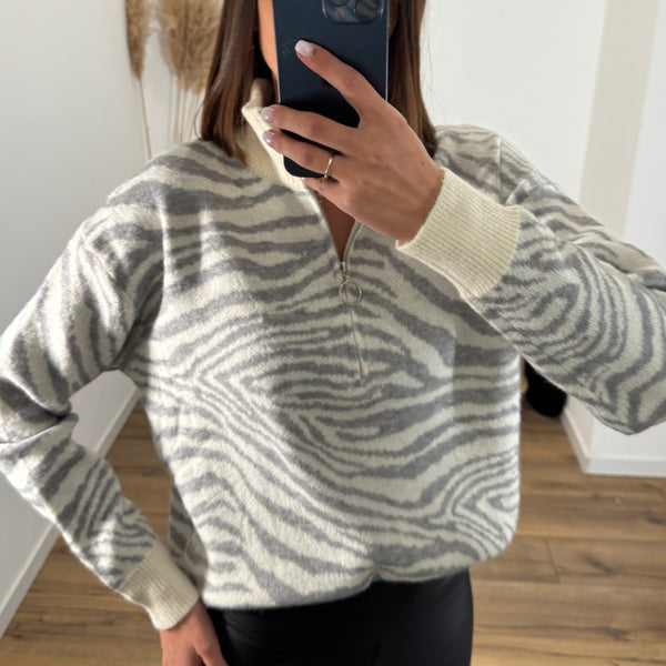 PULL ZIP GRIS ZEBRA - La Petite Somptueuse