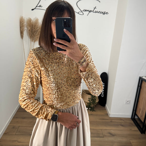 ROBE BEIGE SEQUINS AGLAE - La Petite Somptueuse