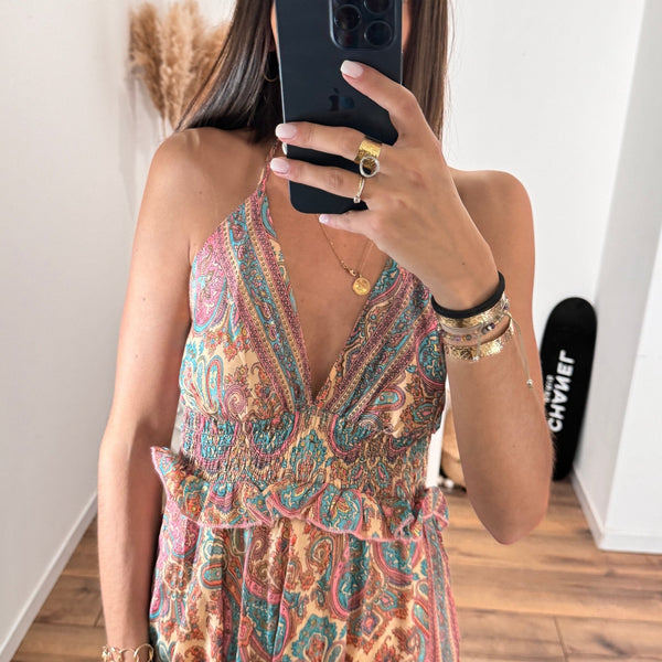 ROBE DOS NU IMPRIME BLEU ET ROSE ZOE - La Petite Somptueuse