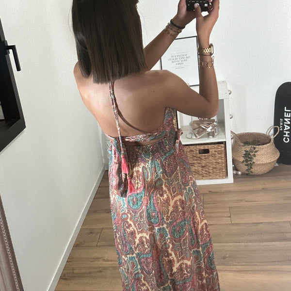 ROBE DOS NU IMPRIME BLEU ET ROSE ZOE - La Petite Somptueuse