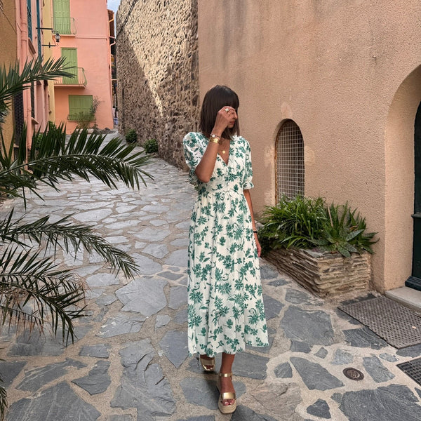 ROBE FLEURIE BLANCHE ET VERTE ELOISE - La Petite Somptueuse