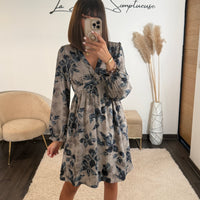 ROBE FLEURIE GRISE ET BLEU MONA - La Petite Somptueuse