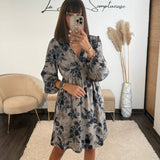 ROBE FLEURIE GRISE ET BLEU MONA - La Petite Somptueuse
