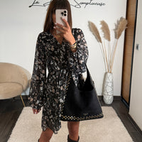 ROBE FLEURIE NOIR ET BEIGE COLINE - La Petite Somptueuse