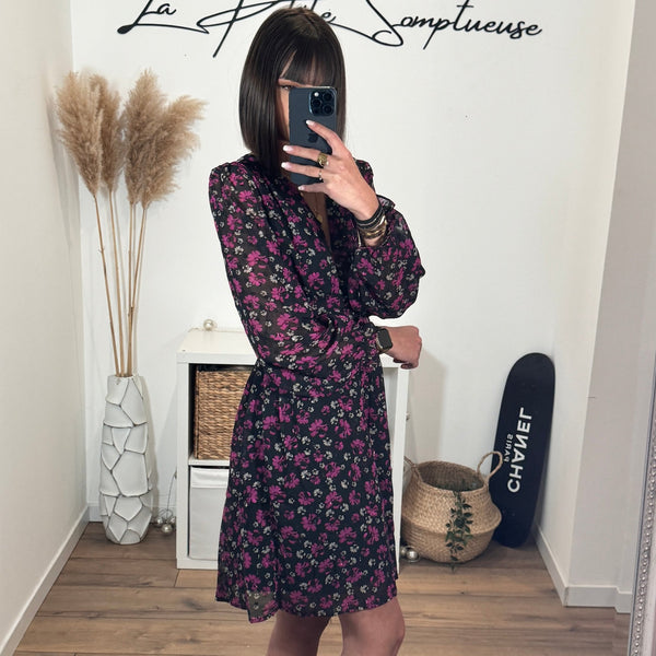 ROBE FLEURIE NOIR ET VIOLETTE - La Petite Somptueuse