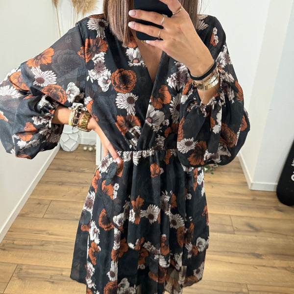 ROBE FLEURIE NOIRE AMBER - La Petite Somptueuse