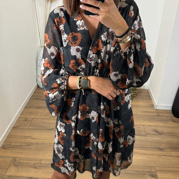 ROBE FLEURIE NOIRE AMBER - La Petite Somptueuse