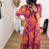 ROBE FLEURIE ORANGE ET MAUVE ELOISE - La Petite Somptueuse