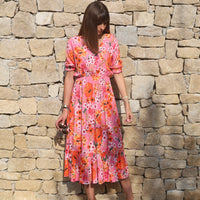 ROBE FLEURIE ORANGE ET ROSE CLELIA - La Petite Somptueuse