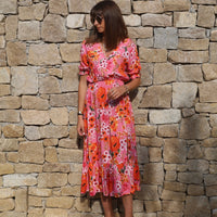 ROBE FLEURIE ORANGE ET ROSE CLELIA - La Petite Somptueuse