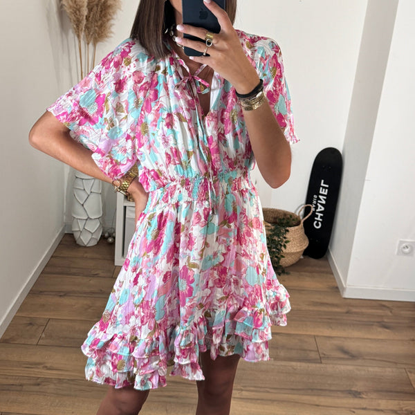 ROBE FLEURIE ROSE ET BLEUE - La Petite Somptueuse