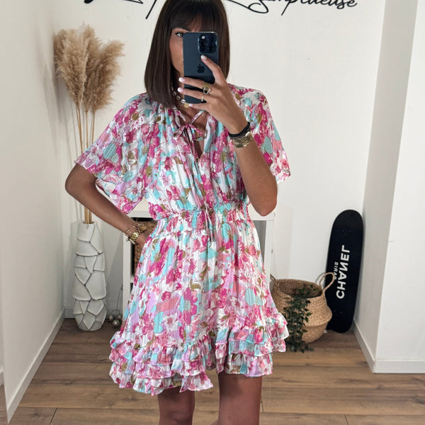 ROBE FLEURIE ROSE ET BLEUE - La Petite Somptueuse