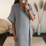 ROBE GAZE COTON RAYEE MARINE GAELLE - La Petite Somptueuse