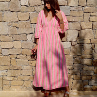 ROBE GAZE DE COTON KAKI ET ROSE LINDA - La Petite Somptueuse