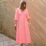 ROBE GAZE DE COTON ORANGE ET ROSE LINDA - La Petite Somptueuse