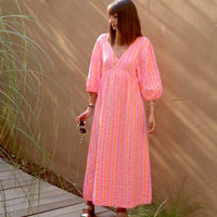 ROBE GAZE DE COTON ORANGE ET ROSE LINDA - La Petite Somptueuse