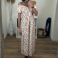 ROBE LONGUE BEIGE ET FLEURS ROUGES IRIA - La Petite Somptueuse