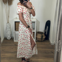 ROBE LONGUE BEIGE ET FLEURS ROUGES IRIA - La Petite Somptueuse