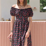 ROBE LONGUE NOIRE ET FLEURS ROUGES IRIA - La Petite Somptueuse