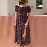 ROBE LONGUE NOIRE ET FLEURS ROUGES IRIA - La Petite Somptueuse