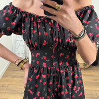 ROBE LONGUE NOIRE ET FLEURS ROUGES IRIA - La Petite Somptueuse