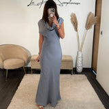 ROBE LONGUE SATIN BLEU LALY - La Petite Somptueuse