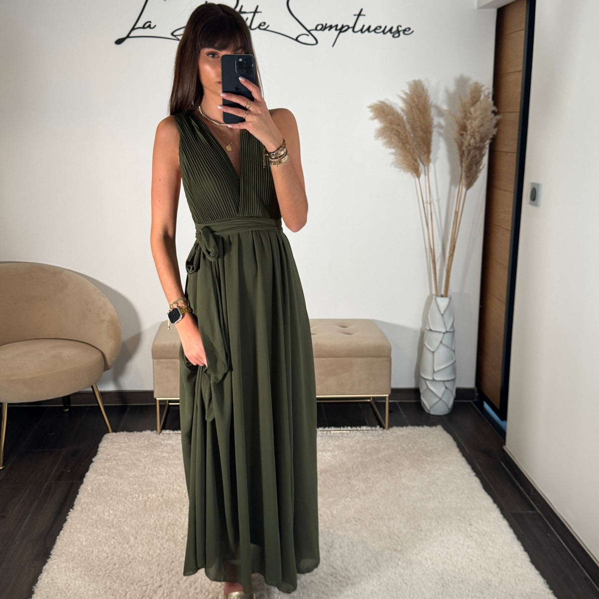 Robe Episode En Soie Et Kaki/multi - Taille 16 - Longueur Genou - Col V - Neuf Avec étiquettes (Prix Conseillé 170€)