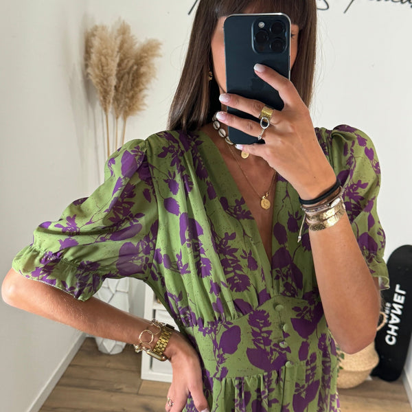 ROBE NINA IMPRIME VERT ET VIOLET - La Petite Somptueuse