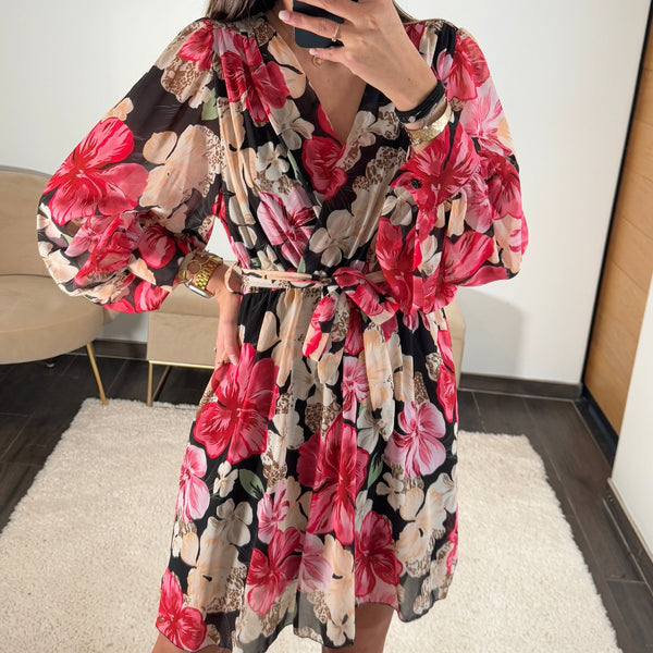 ROBE NOIRE FLOWER RED - La Petite Somptueuse