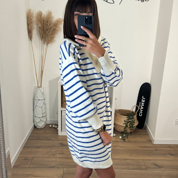 ROBE PULL BEIGE ET BLEU RITA - La Petite Somptueuse