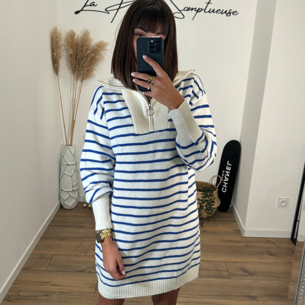 ROBE PULL BEIGE ET BLEU RITA - La Petite Somptueuse