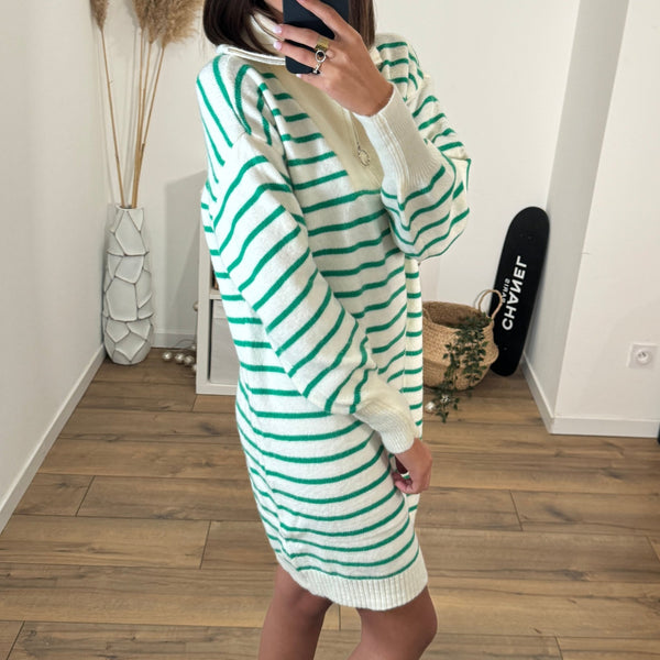 ROBE PULL BEIGE ET VERT RITA - La Petite Somptueuse