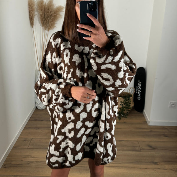 ROBE PULL MARRON LEOPARD - La Petite Somptueuse