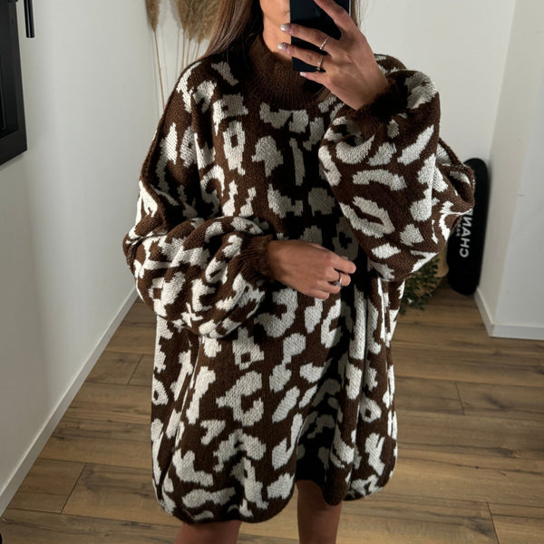 ROBE PULL MARRON LEOPARD - La Petite Somptueuse