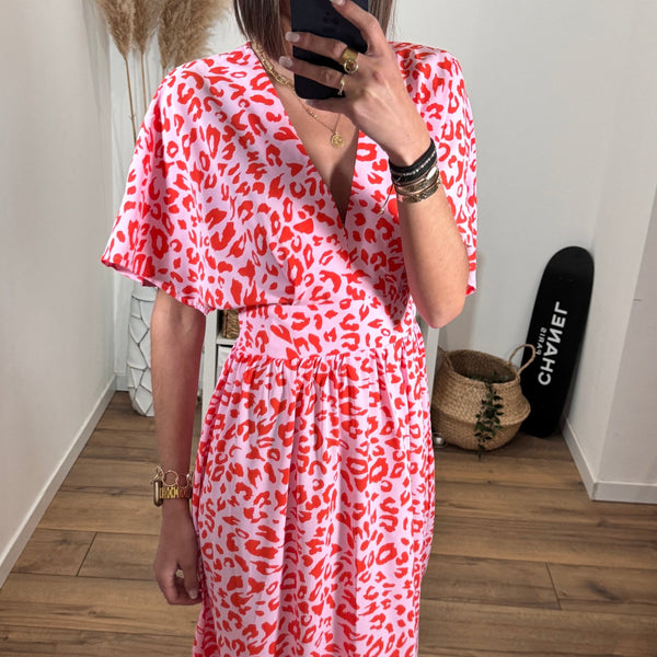 ROBE ROSE ET ROUGE LEOPARD LEA - La Petite Somptueuse