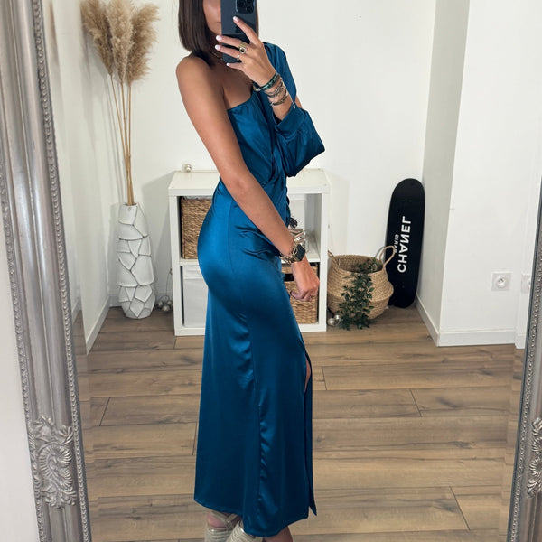 ROBE SATIN ASYMETRIQUE BLEU ALIX - La Petite Somptueuse